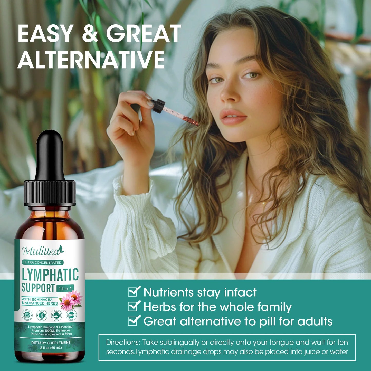 60ml Lymphatic Support Drops 11 in 1 Echinacea Extract Natural Herbs Supplement for Improves Fluid Circulation Enhances Immunity